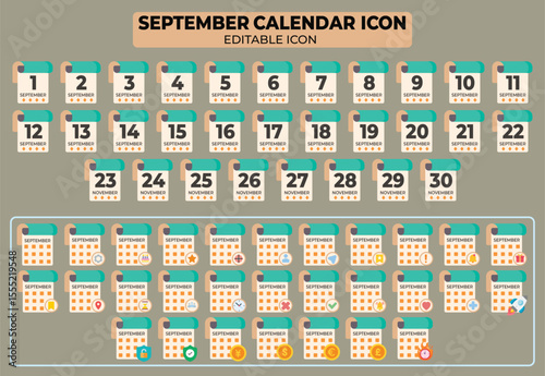 September calendar icon with editable design elements spanning from 1st to 31st with various symbols