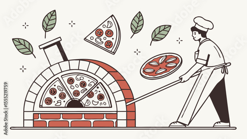 Pizzaiolo Preparing Pizza in a Brick Oven.