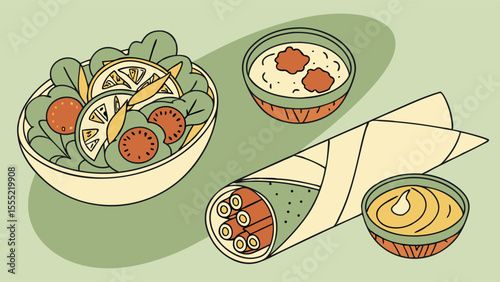 Colorful Mediterranean Food Illustration with Salad Wrap and Dip.