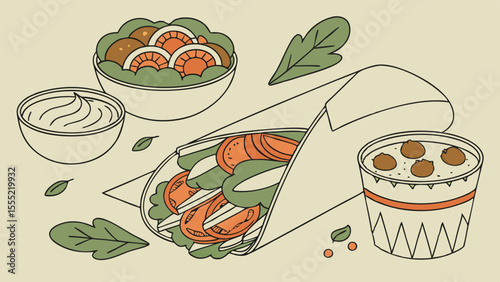 Delicious Falafel Wrap with Hummus and Salad Bowl.