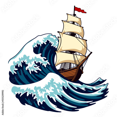 Illustration of a ship riding a crashing wave, adventure and discovery