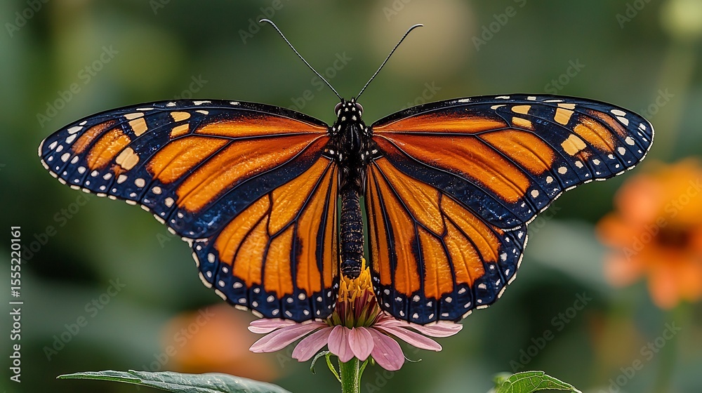 Fototapeta premium A Vibrant Monarch Butterfly Perched a Blooming Flower With Detailed Wings and Soft Bokeh Background
