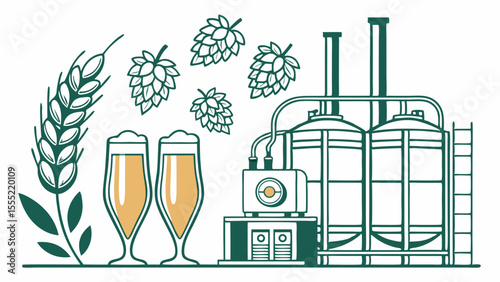 Beer Brewing Process Wheat Hops Beer Glasses and Brewery Equipment.