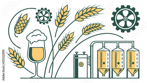 Beer Brewing Process Illustration with Wheat Glass and Tanks.