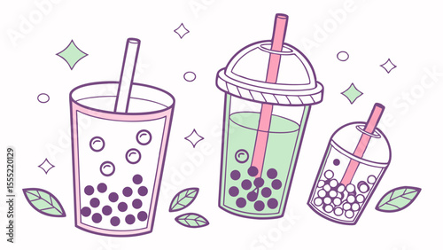 Cute Cartoon Boba Tea Drinks in Cups.