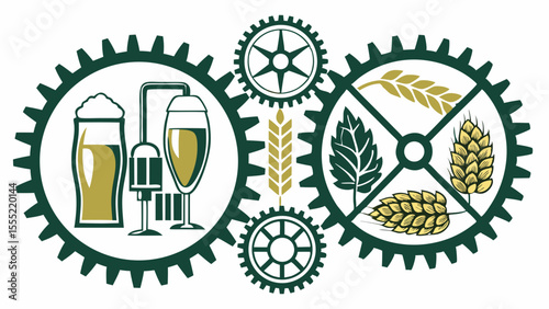 Interlocking Gears Illustrating Beer Brewing Process with Hops and Barley.