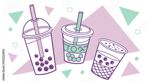 Stylized Illustration of Three Different Bubble Tea Cups.