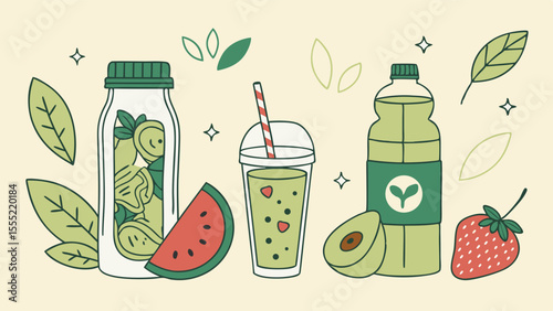 Illustrated fruit and vegetable drinks with watermelon avocado and strawberry.