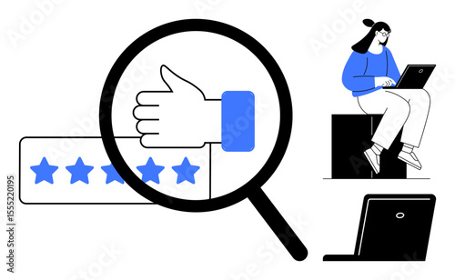 Magnifying glass over thumbs-up and 5-star rating, user working on laptop. Ideal for feedback evaluation, online surveys, user experience, satisfaction, rating, analytics, simple flat metaphor