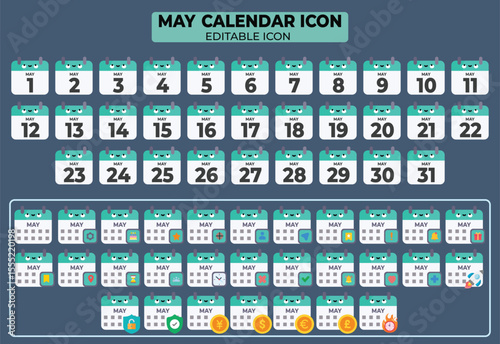 May calendar icon set with editable and customizable elements for designs, templates and planners, all in vector format