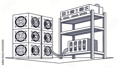 Cryptocurrency Mining Rig with Cooling Fans and Server Rack Illustration.