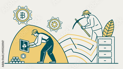 Cryptocurrency Mining and Blockchain Technology Illustration.