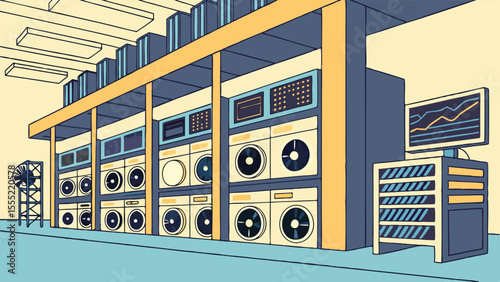 Illustration of a Data Center with Server Racks and Monitor.