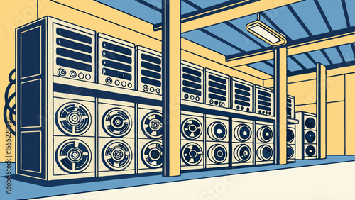 Retro Computer Server Room Illustration.