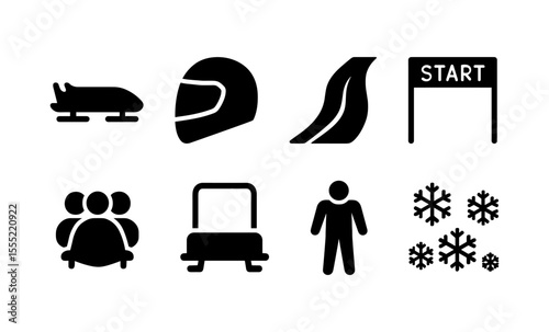 Winter sports icons: bobsledding, helmet, ski jump, start line, and snowflakes