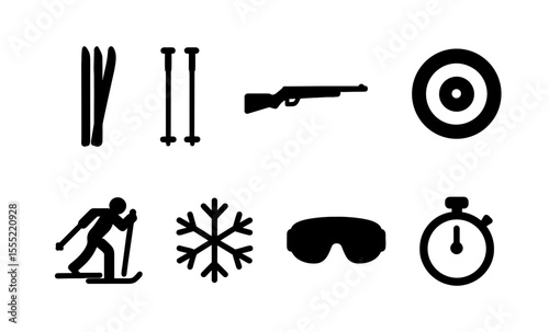 Winter sports and equipment icons: skiing, biathlon, goggles, snowflake, target, stopwatch