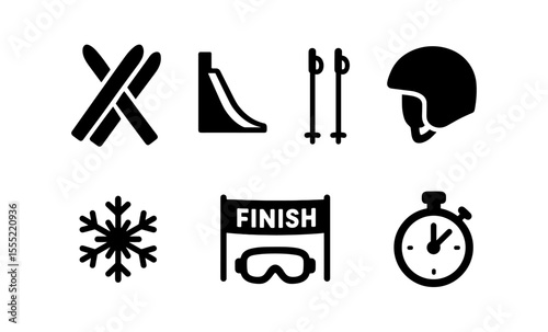 Winter sports icons collection: skiing equipment, snowflake, finish line, and stopwatch symbols
