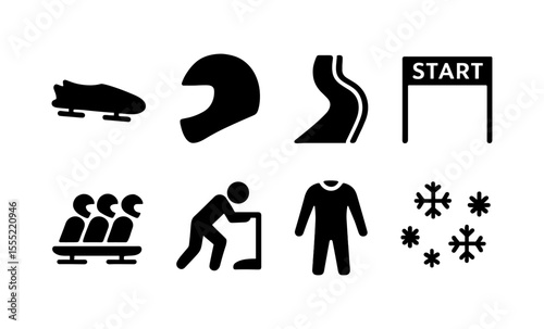 Winter bobsledding icons: sleigh, helmet, track, snowflakes, teamwork, suit, start line