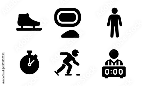 Ice hockey icon set featuring skates, rink, stopwatch, and player silhouettes