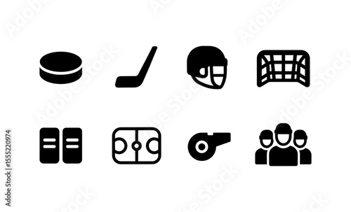 Set of hockey icons: puck, stick, helmet, goal, pads, rink, whistle, team silhouettes