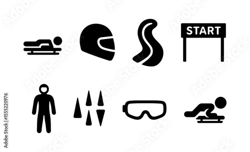 Winter sports icons: luge, helmet, track, start line, goggles, and athlete silhouettes