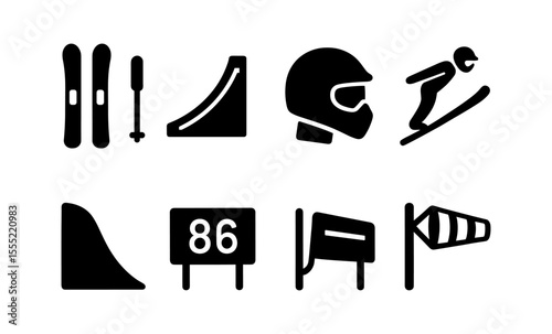 Winter sports icons: skiing, helmet, ski jump, weather, and competition signs