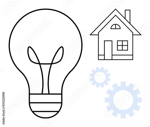 Light bulb, house, and gears symbolize energy, home innovations, problem-solving, and growth. Ideal for creativity, technology, real estate energy efficiency engineering sustainability simple