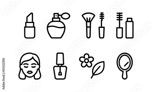 Minimalist icon set of makeup and beauty essentials for cosmetic enthusiasts