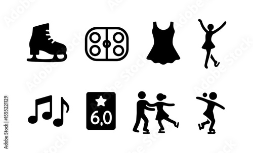 Icon set representing figure skating elements and activities in simple black illustrations