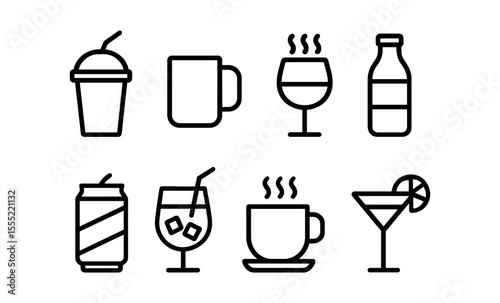 Minimalist beverage icons collection featuring cups, glasses, and bottles for versatile use