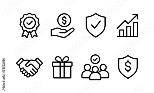 Business success icons: growth, protection, investment, collaboration, quality assurance