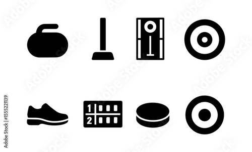 Simplified icons representing curling and shuffleboard activities in black and white