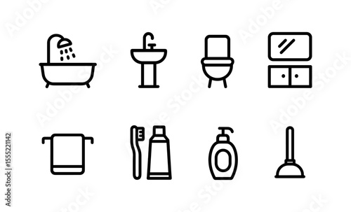Minimalist bathroom icons featuring bathtub, sink, toilet, cabinet, and accessories in line art