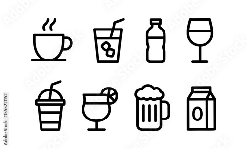 Minimalist beverage icons set featuring coffee, juice, water, wine, smoothie, cocktail, beer, and milk
