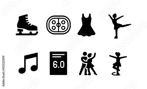 Figure skating icons set with skates, dance, and music elements