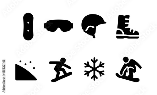 Winter sports icons set featuring snowboarding gear and activities in bold black silhouettes