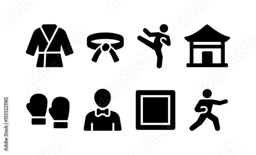 Martial arts icons: karate gear, training figures, and dojo symbols