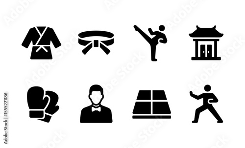 Karate and martial arts icons set featuring belt, gi, kicking pose, dojo, gloves, trainer, and tatami