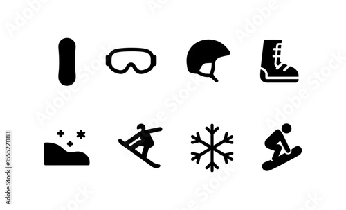 Snowboarding icons set: board, goggles, helmet, boots, and winter sports symbols