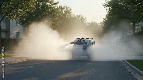 Spraying Vehicle Drives Down Residential Street Creating Mist