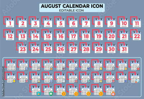 August Calendar Icon Set: Editable Flat Design for Business and Schedule Planning