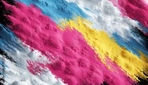Vibrant abstract pattern showcasing bold strokes of pink, blue, yellow, and white against a dark background.