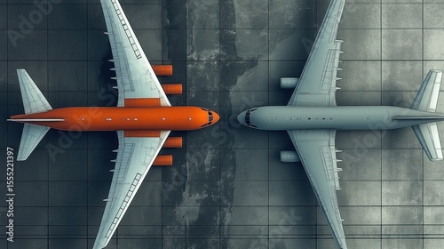 Top-down view of an orange-white airplane beside a gray passenger plane on a concrete background. Minimalistic, hyper-realistic, matte painting style with subtle colors and high resolution.