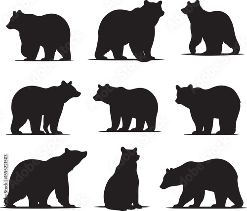 Collection of Nine Bear Silhouettes Black Bear Illustrations for Design Projects