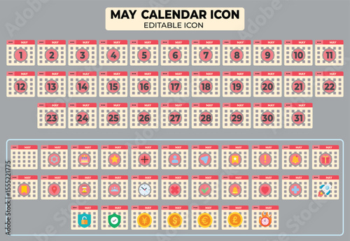 Editable May calendar icon set for graphic designers, planners and event managers