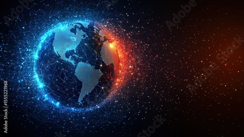 Digital globe with interconnected network dots in blue and orange light effects