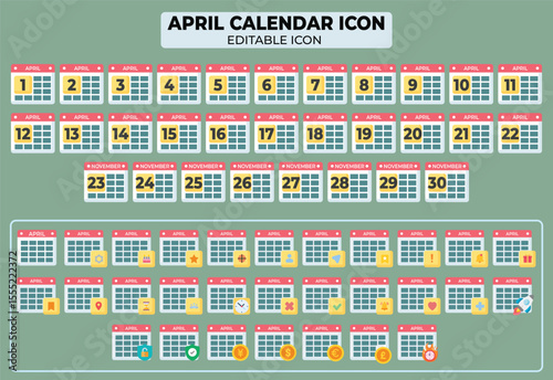 April Calendar Icons Set with Customizable Elements for Planning and Scheduling