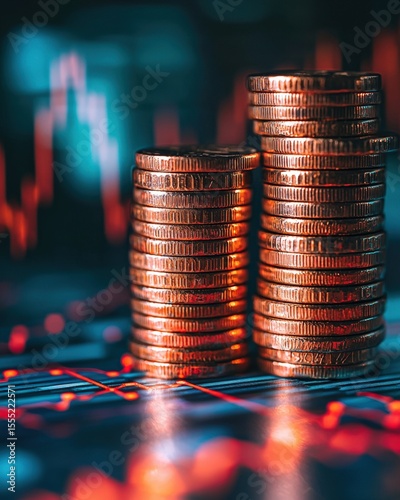 Stacked coins with financial chart reflecting investment growth and economic trends