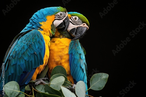 Two vibrant blue and yellow macaws perched close together on leafy branch against black background