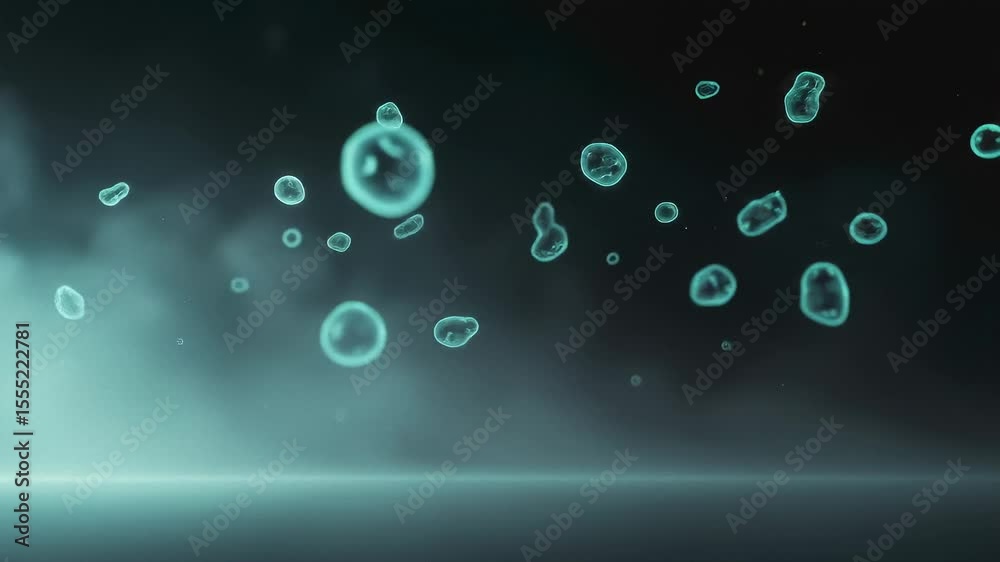 Abstract glowing organic cells float in dark smoky space. Biological microbes moving for medical background, research science and futuristic concept animation.